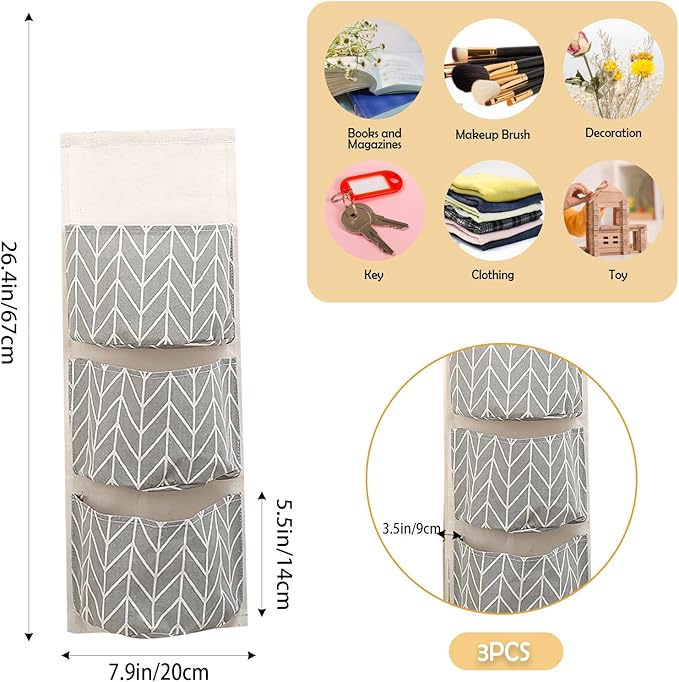 COVRA 3-Pack Wall Hanging Storage Bags – Over-the-Door Organizers with 3 Large Pockets (6.3" × 5.1"), Hanging Closet & Pantry Organizer for Bedroom, Bathroom, Dorm, and More (Gray)