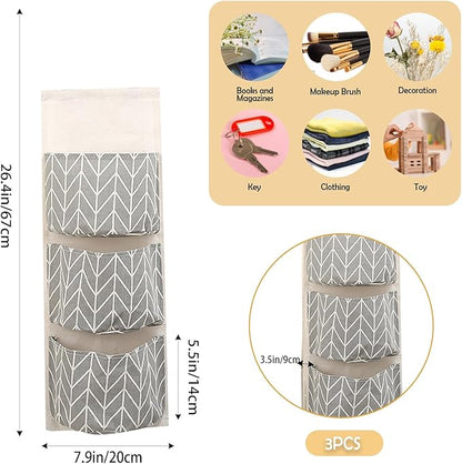 COVRA 3-Pack Wall Hanging Storage Bags – Over-the-Door Organizers with 3 Large Pockets (6.3" × 5.1"), Hanging Closet & Pantry Organizer for Bedroom, Bathroom, Dorm, and More (Gray)