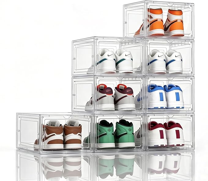 KEFA XL Shoe Storage Box Organizer, 8 Pack Clear Plastic Stackable Shoe Boxes, Sneaker Display Case Container Fit for US 15