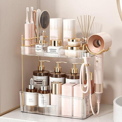 Bathroom Counter Organizer for Vanity, Makeup Organizer Countertop with Holder, Large Capacity Storage Rack, Perfect Large Skincare, Hair Care, Perfume, Easy to Install (Clear, 2Tiers)