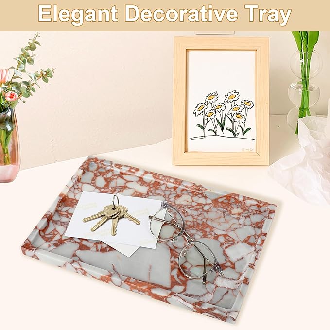 100% Natural Marble Vanity Tray - Real Stone Storage Organizer for Bathroom/Kitchen/Vanity/Dresser, Countertop Tray for Perfume, Jewelry, Home Decor, 11.8 x 7.8 x 0.7 Inch