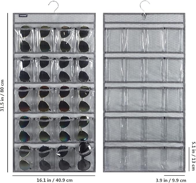 Dual Sided Hanging Sunglasses Organizer Storage Wall Mounted Eyeglasses Holder Eyewear Display Case with 40 Clear Slots (40 Pockets-Grey)