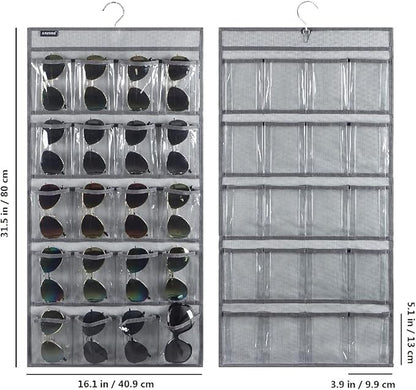 Dual Sided Hanging Sunglasses Organizer Storage Wall Mounted Eyeglasses Holder Eyewear Display Case with 40 Clear Slots (40 Pockets-Grey)