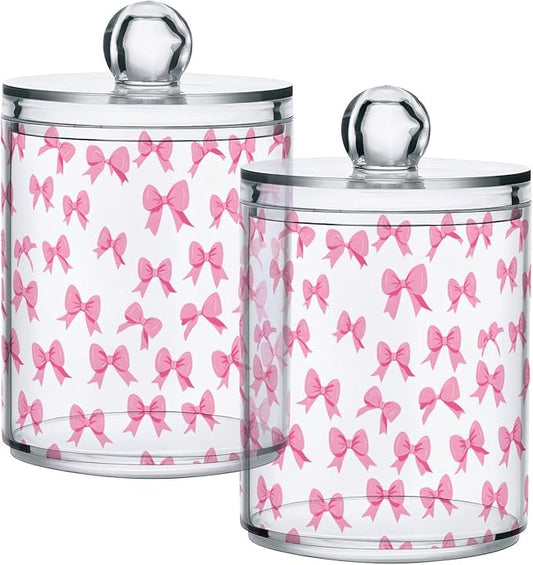 ALAZA 4pcs Cute Bow White Qtip Holder Dispenser 14 oz Bathroom Storage Clear Apothecary Jars Containers Cotton Ball,Cotton Rounds,Floss Picks, Hair Clips, Food