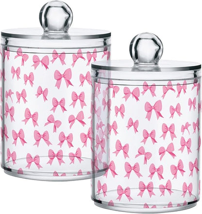 ALAZA 2pcs Cute Bow White Qtip Holder Dispenser 14 oz Bathroom Storage Clear Apothecary Jars Containers Cotton Ball,Cotton Rounds,Floss Picks, Hair Clips, Food