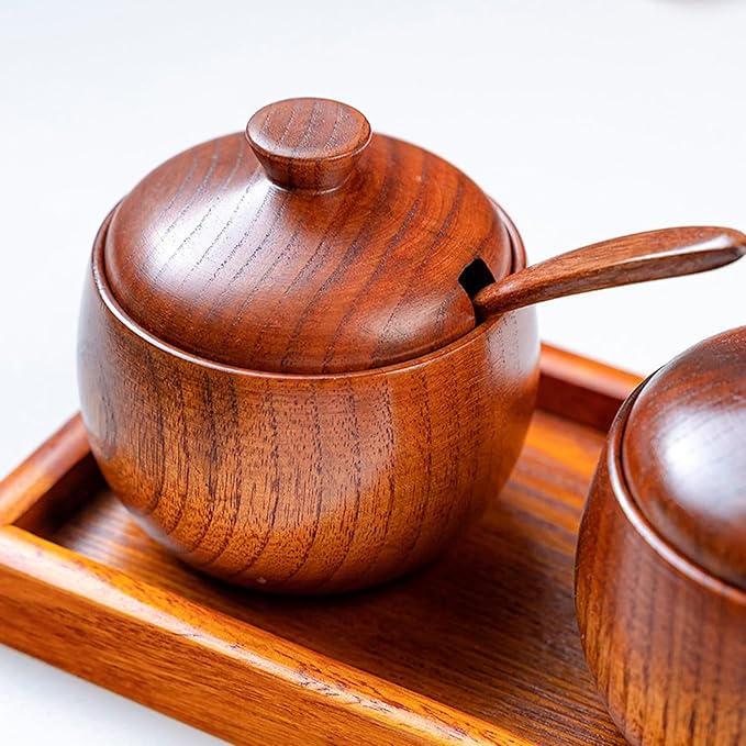 Wood Salt Pepper Bowl, Spice Box with Lid Spoon Salt Cellar Keeper Spice Bowls Cooking Sugar Holder for Kitchen Seasoning Container Holder