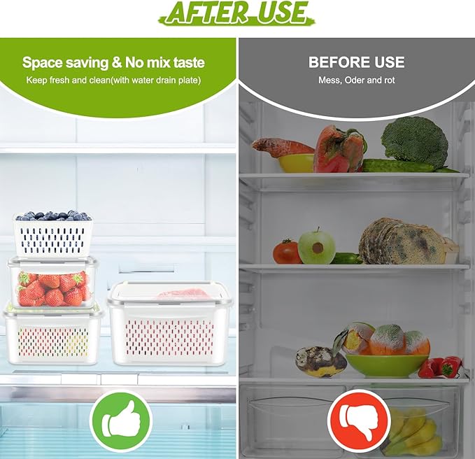 6 Pieces Large Fruit Produce Storage Containers for Fridge Keep Fresh, 3 PackLettuce Keeper with Colander, BPA-Free Plastic Berry Containers Vegetables Saver Refrigerator Organizer