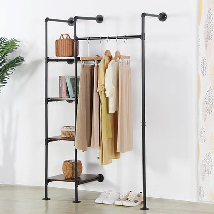 Industrial Pipe Clothing Rack with Shelves, 71inch Wall Mounted Closet Storage Racks,Hanging Clothes Retail Display Rack, Garment Racks with Shelves Closet Rods System