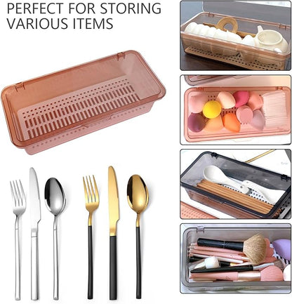 Flatware Tray with Lid and Drainer,Silverware Tray Kitchen Dinnerware Holder and Utensil Storage Container for Flatware and Silverware(Brown)