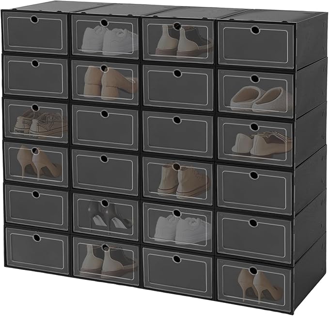 24Pcs Shoe Storage Box, Shoe Box Side Open, Clear Shoe Boxes Stackable, Plastic Stackable Shoe Storage Organizer, for Shoes, Including Sneakers, High Heels, Canvas Shoes, Boots, Etc (Black)