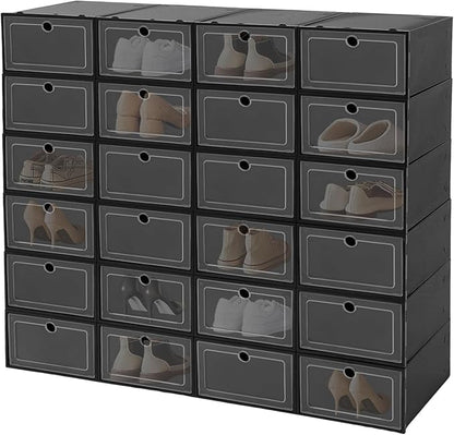 24Pcs Shoe Storage Box, Shoe Box Side Open, Clear Shoe Boxes Stackable, Plastic Stackable Shoe Storage Organizer, for Shoes, Including Sneakers, High Heels, Canvas Shoes, Boots, Etc (Black)