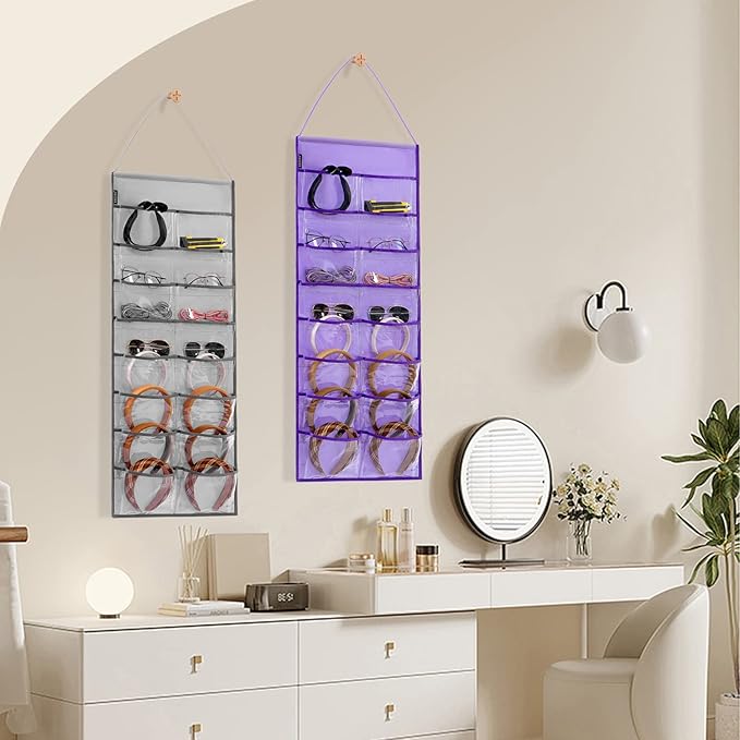 Wall Hanging Headband Organizer Ribbon Hair Hoops Storage Hairbands Hair Accessory Holder with Clear Pockets (GREY-16 POCKETS)