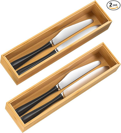 VeyFey Silverware Tray for Drawer, Stackable Kitchen Bamboo Drawer Organizer 12" x 3" x 2" Set of 2