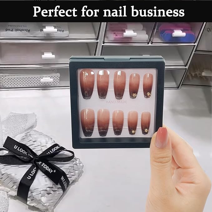 32 Pack Press On Nail Packaging Boxes 3D Floating Press On Nail Storage Box Nail Display Box with 90pcs Double Sided Adhesive Nail Display Tape for Nail Tech
