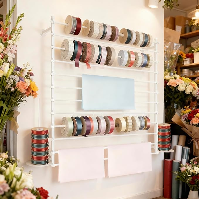 12 Layers 120cm White Wall Display Stand Wrapping Paper Ribbon Organizer Holder Storage Scarf Tie Belt Towel Spool Sewing Tool Hijab Metal Shelving for Home, Retail Stores, Flower Shop, Studio