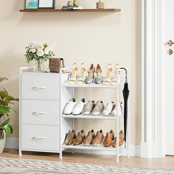 Somdot Shoe Rack, 3 Tier Shoe Organizer with 3 Drawers, Metal Shoe Storage Shelf for 6-9 Pairs of Shoes with Fabric Shelves and Wooden Top, Narrow Shoe Rack for Entryway, White Leather