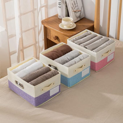 PRANDOM Large Fodable Storage Baskets for Closet [3-pack] Decorative Fabric Storage Bins Cubes with Leather/Metal Handles for Shelves Bedroom Living Room Blue&Cream (14.9x9.8x8.3 Inch)