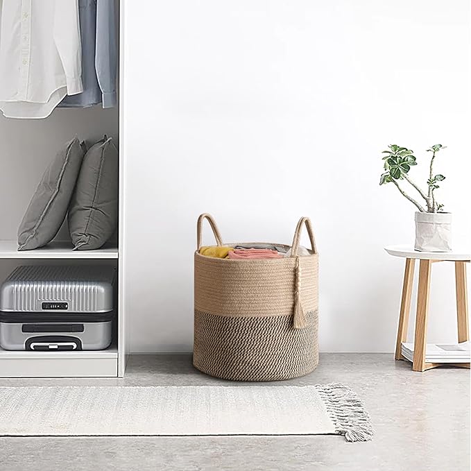 Mkono Woven Storage Basket Decorative Rope Basket Wooden Bead Decoration for Blankets,Toys,Clothes,Shoes,Plant Organizer Bin with Handles Living Room Home Decor, Yellow and Black, 16" W × 13.8"