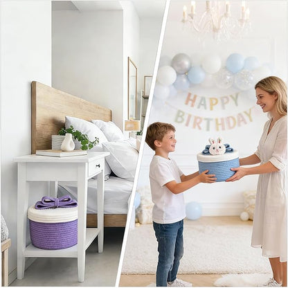 Small Storage Baskets with Lids, Round Woven Rope Basket with Lid, Cute Storage Box for Small Toy, Gift or Home Decor, Decorative Basket with Cute Bow Handle (Lavender)