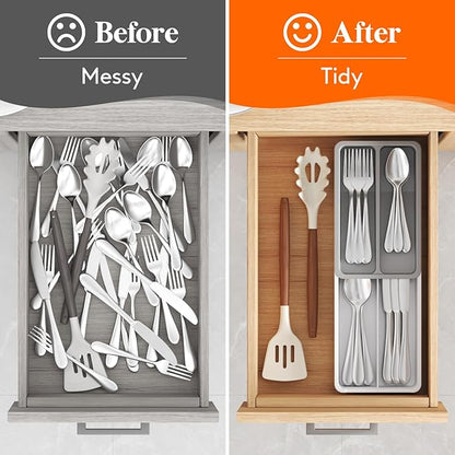 Lifewit Compact Silverware Organizer for Kitchen Drawer, Narrow Flatware Tray Holder, Plastic Cutlery Spoons, Forks and Knives Storage, White&Gray, 2 Pack