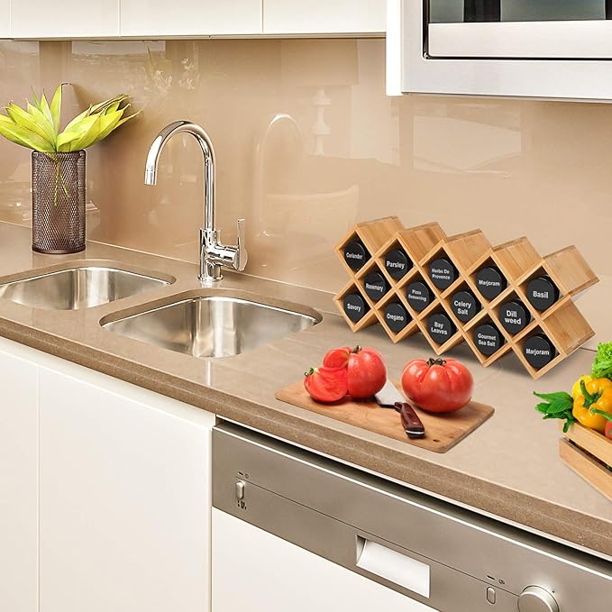 Phyllia Bamboo Spice Rack Organizer 4-Tier Countertop Organiser, Criss-Cross Kitchen cabinet Free-Standing Countertop Storage shelf Fit for Spice Jar, Can, Bottle (Jars Not Include)