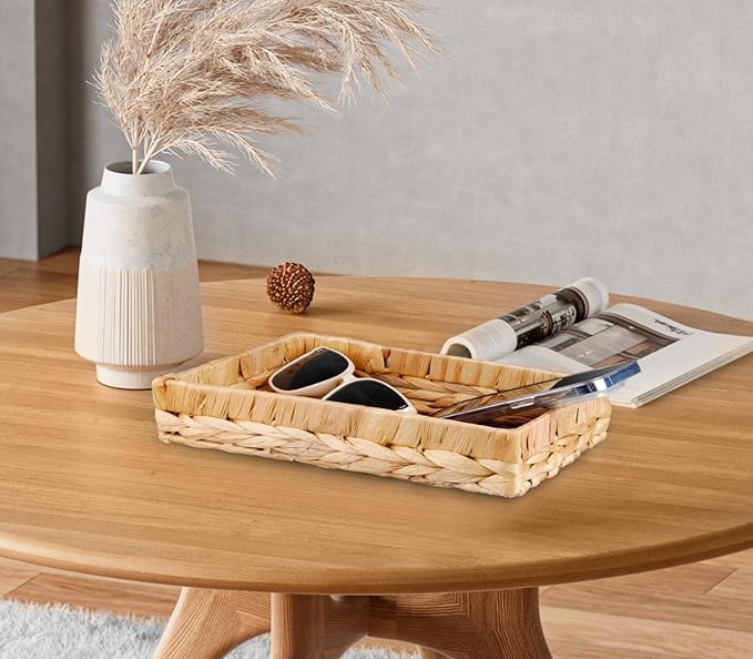 Rectangle Bathroom Tray, 10" Bathroom Over Toilet Tank Tray Water Hyacinth Wicker Basket for Bathroom Counter Long Narrow Badtub Hand Towel Storage Basket for Home Decor, Rattan Yellow