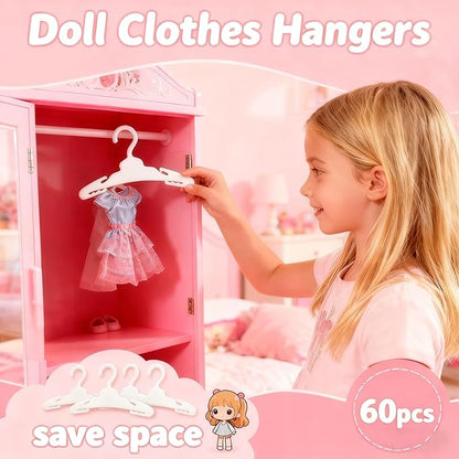 60 Pcs Doll Clothes Hangers for 18-Inch Dolls - Non-Slip, Space-Saving Wardrobe Accessories for Doll Gowns & Outfits (White)