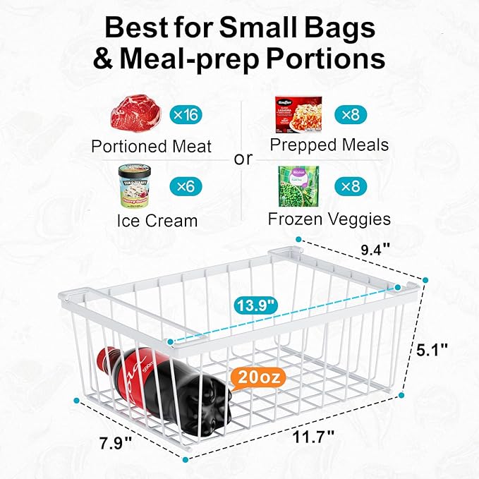 iSPECLE Deep Freezer Organizer, 8 Pack Wire Baskets for 5 Cu.Ft Chest Freezer & Upright Freezers (Over 8.5 Cu.Ft), 14" x 9.4" Stackable Heavy Duty Storage Bins Easy Access to Sort Meat, White