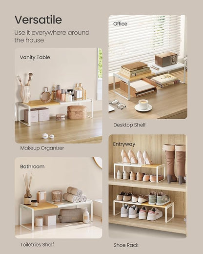 SONGMICS HOME Spice Rack, Expandable Cupboard Shelf Orgnizer, Kitchen Counter Shelf, Bamboo and Metal, Space-Saving Shelving, Stackable, Light Bamboo and Cream White UKCS052W01