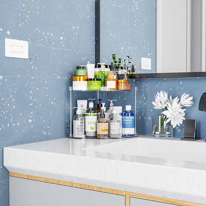 Yieach 2 Tier Corner Bathroom Counter Organizer,Clear Bathroom Organizers and Storage,Acrylic Bathroom Counter Shelf and Perfume Holder for Skin Care,Makeup,Toiletry Products and Perfume Organizer