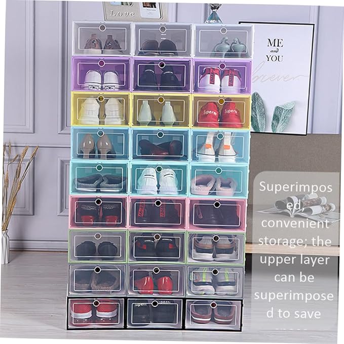 6pcs Stackable Transparent Shoes Organizer Breathable Drawer-type Shoe Storage Box Space-saving Container for Closet Entryway and Bedroom Round Center Blue