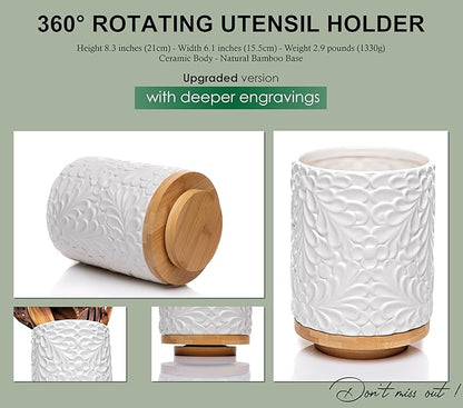 Extra Large 360° Rotating Utensil Holder for Kitchen Counter, 8.3” Cooking Utensil Holder for Countertop with Bamboo Base, White Ceramic Utensil Crock Canister for Cooking Utensils - Engraved Design
