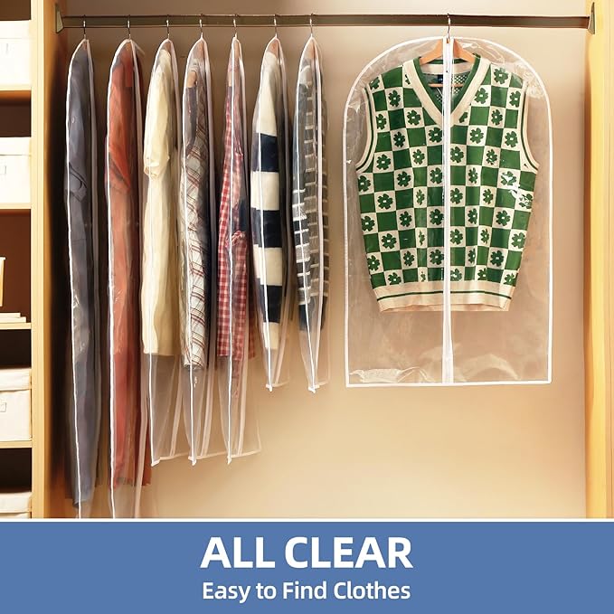 60" Dress Bags for Gowns, 12 Packs All Clear Garment Bags for Hanging Clothes, Plastic Waterproof Dress Cover with Zipper for Dresses, Coats, Uniforms (Set of 12)
