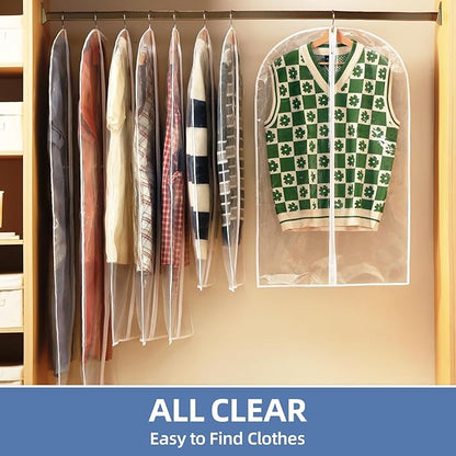 40" All Clear Garment Bags for Hanging Clothes, 12 Packs Suit Bags for Closet Storage, Plastic Waterproof Suit Cover Bags with Zipper for Coats, Jackets, Shirts (Set of 12)