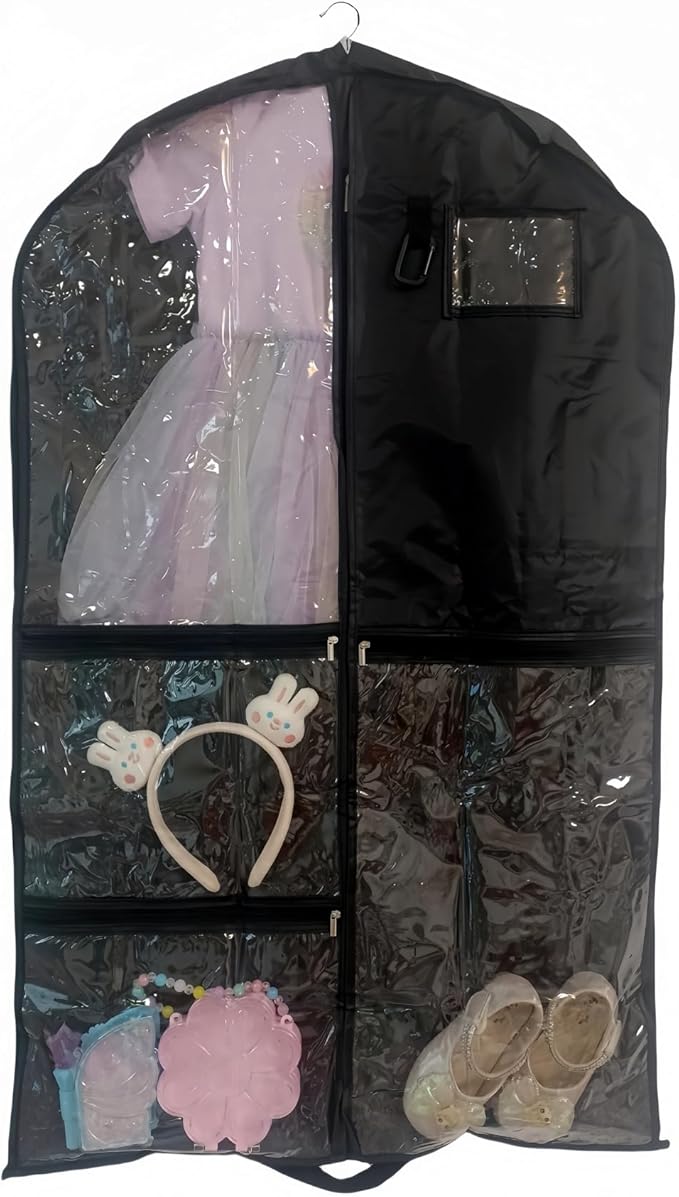 Dance Costume Garment Bag for Travel with Handles, 39 Inch Garment Bag for Dance Competitions, Kids Hanging Clothes Cover for Girls Closet Storage with 4 Zippered Pockets (Black-1 Pack)
