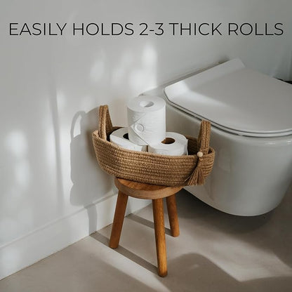 Decorative Toilet Paper Basket – Beautiful Bathroom Organizer for Toilet Tank Storage Decor – Boho Jute Cotton Rope Bin with Tassel for Bathroom Accessories and as Shelf Decor
