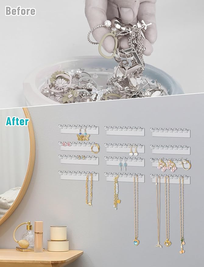 NiHome 12-Pack 96 Hooks Wall-Mounted Clear Plastic Jewelry Organizers for Earrings, Necklaces, Bracelets, Rings, Studs, No-Drill Adhesive Installation Racks for Closet, Bathroom, Bedroom, Mirror