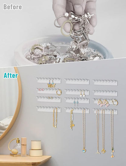 NiHome 12-Pack 96 Hooks Wall-Mounted Clear Plastic Jewelry Organizers for Earrings, Necklaces, Bracelets, Rings, Studs, No-Drill Adhesive Installation Racks for Closet, Bathroom, Bedroom, Mirror