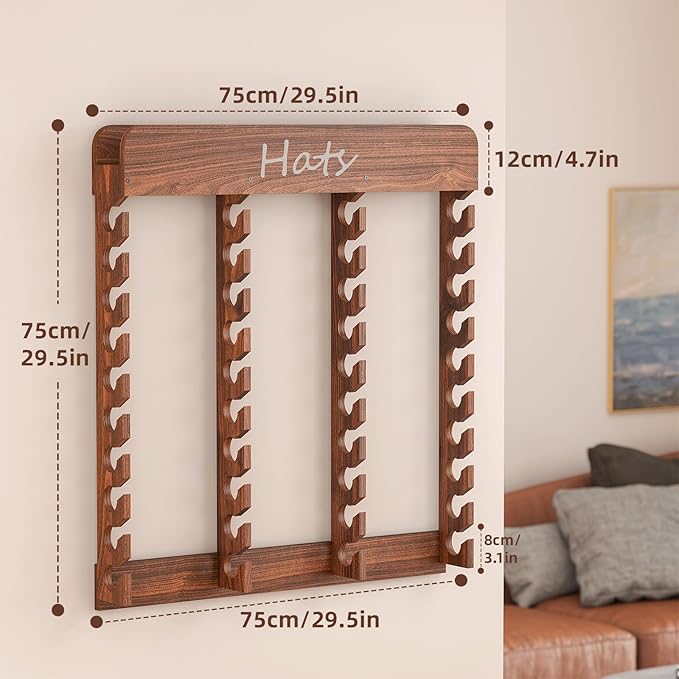 lesolar Wooden Hat Rack for Baseball Caps - Hat Rack for Wall with 40-Slot Display, Farmhouse Hat Holder for Men & Women, Hat Wall Storage for Caps, Western Hats, and More (29.5" x 29.5")