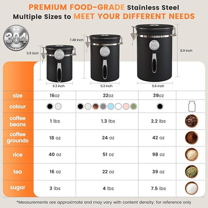 Veken Coffee Canister with Window,Airtight Stainless Steel Pantry Container,Kitchen Food Storage Organizers for Beans,Ground,Espresso,Rice,Tea,Sugar, Cereal, Bar Accessories,Gifts,Lids,Jars,22OZ,Black