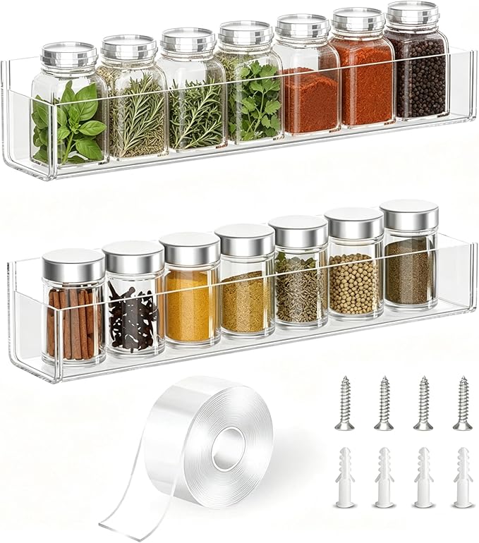 PMMASTO Adhesive Acrylic Spice Rack Organizer for Wall with Nano Double Sided Tape, Spice Shelf Organization for Kitchen Cabinet Door/Pantry Door, Wall Mount Seasoning Rack (Clear-2 Pack)