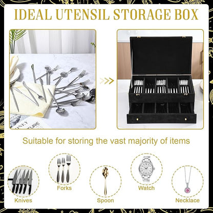 Pickmesh Silverware Case with Lid and Handle, Silverware Storage Box Sterling Silver Flatware Chest Without Silver Tarnish Proof Utensils Organizer for Kitchen Decor Wedding Gifts (Black,2 Layer)