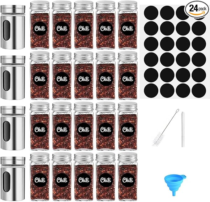 24 Pack Glass Spice Jars with Label, Empty Spice Bottles with Metal Caps and Shaker Lids, Kitchen Seasoning Containers Set, Seasoning Organizer Set for Spice Rack (24 Pack)