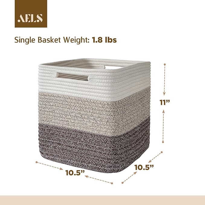 AELS Hand Woven Cotton Baskets for Storage, Cube Storage Bins with Handles, Foldable Collapsible Closet Organizers and Storage, Boho Farmhouse Storage Cubes for Shelves, Beige Mixed Khaki Coffee Brown