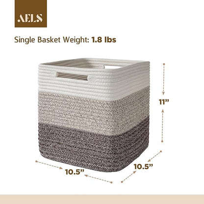 AELS Hand Woven Cotton Baskets for Storage, Cube Storage Bins with Handles, Foldable Collapsible Closet Organizers and Storage, Boho Farmhouse Storage Cubes for Shelves, Beige Mixed Khaki Coffee Brown