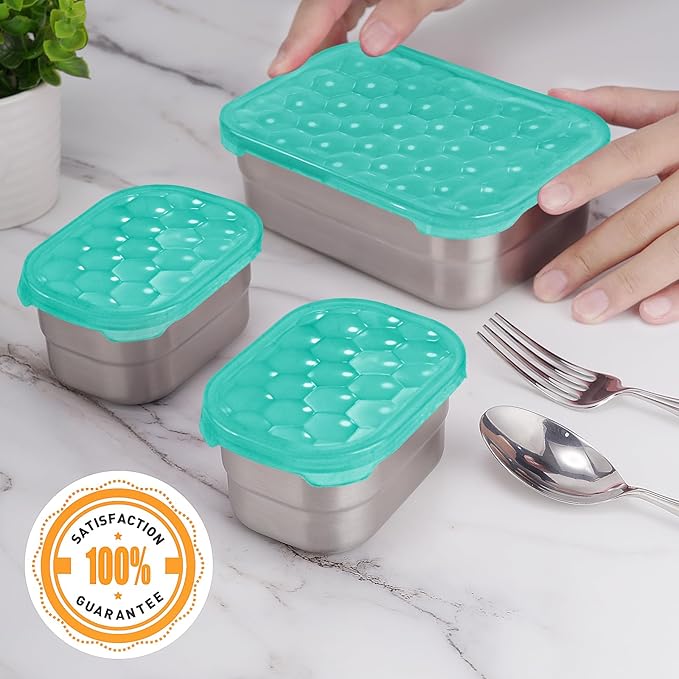 Tanjiae Small Stainless Steel Lunch Containers for Kids | Leak Proof Food Containers with Silicone Lids - Perfect Metal Food Containers with Lids for Kids School and Toddler Daycare (25oz+8oz*2)