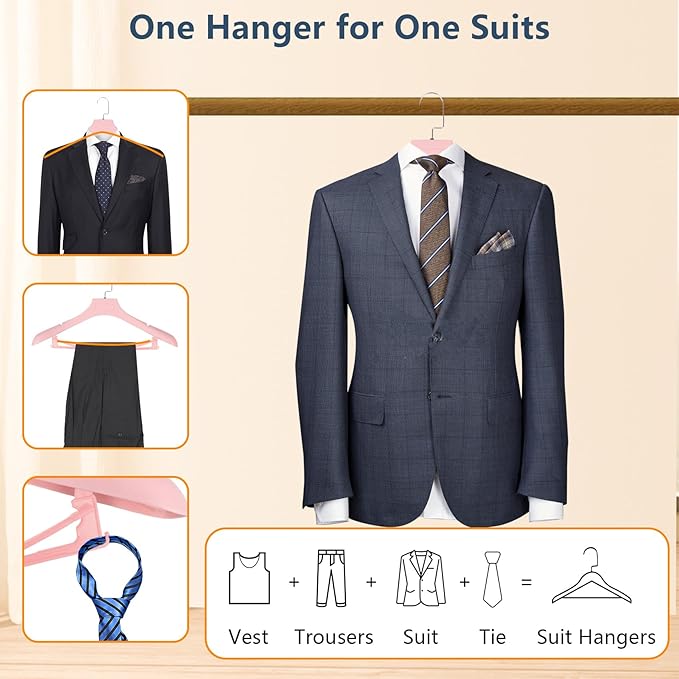 DEDU Plastic Extra Wide Shoulder Suit Hangers for Men 15 Pack Width 17.7", Pink Sweater Hangers no Shoulder Bump Non Slip for Thick Sweaters, Clothes Hangers with Pants Bar & Metal Hook