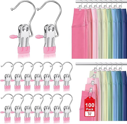 100 Pack Boot Hangers Clips for Closet, Laundry Hooks Hanging Clips Pants Hangers with Clips Legging Organizer Clothes Pins Hanger Clips for Closet Organizer Towel Socks Hats Jeans Home Travel Pink