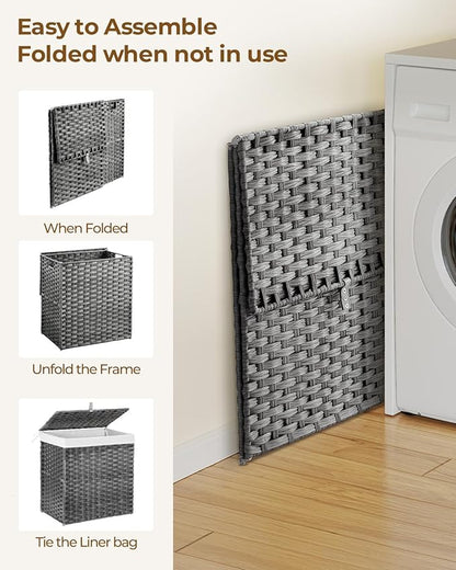Greenstell Laundry Hamper with Lid, 125L Laundry Basket with 2 Removable Liner Bags & 2 Mesh Bags, Handwoven Synthetic Rattan Clothes Hamper for Clothes, Toys in Bathroom, Bedroom, Foldable, Grey