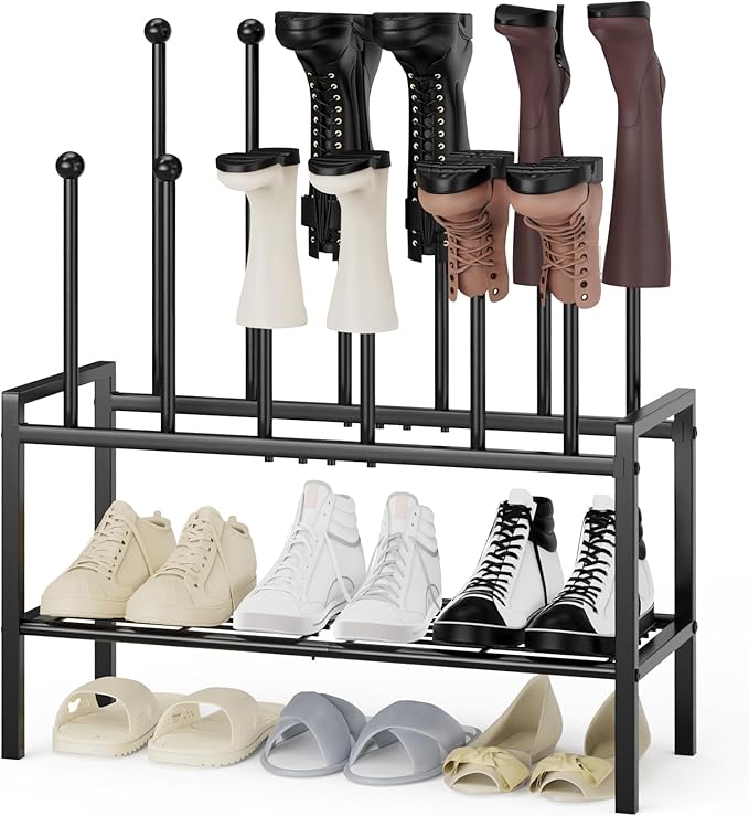 Freestanding Shoe Racks - 3 Tier Metal Boot Rack with 12 Long Posts Holds 6 Pairs Tall Boots, Shoe Storage Organizer for Entryway Closet Bedroom Hallway Indoor Outdoor